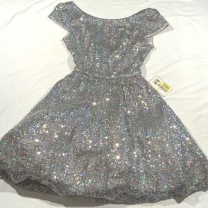 B Darlin party Dress Silver Sequin Sparkle Fit Flare Party Holiday Womens